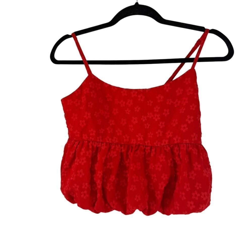 Pants Store Top Size S Red Floral Crop Tank Bubble Hem Spaghetti Strap Preppy